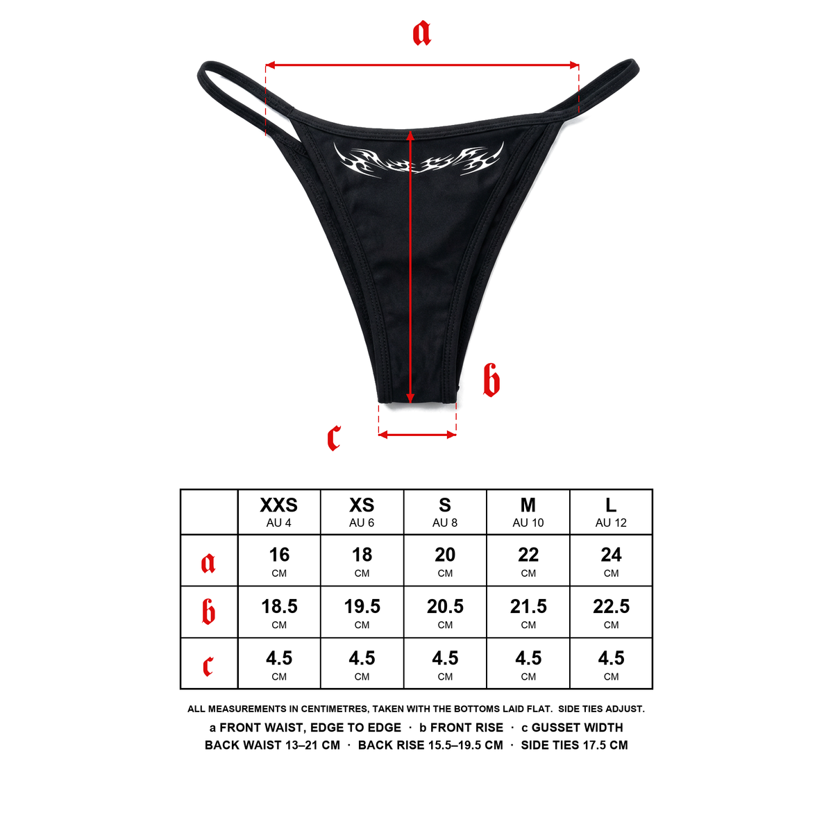 Size guide: bikini bottom measurements for XXS to L (AU 4 to 12)