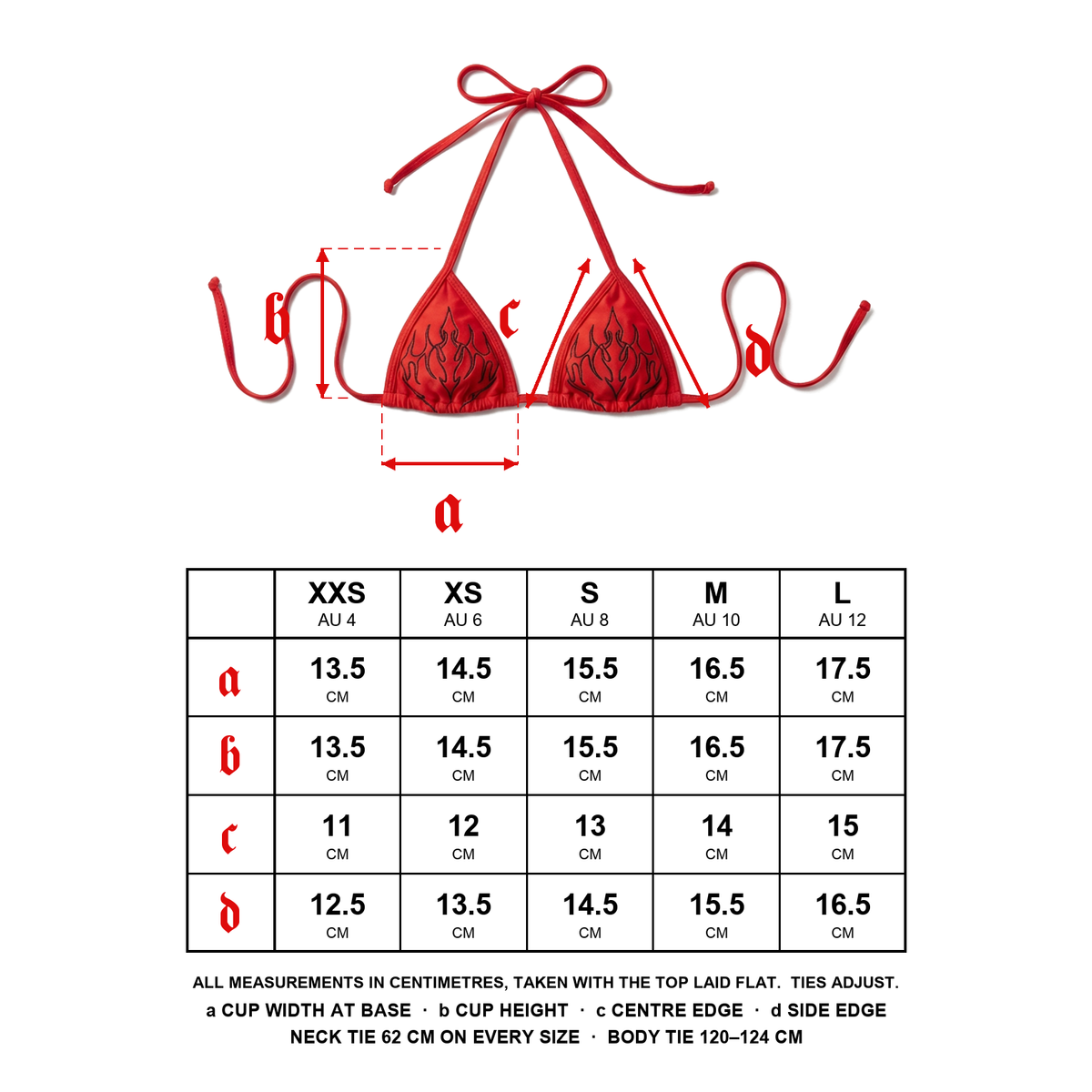 Size guide: bikini top measurements for XXS to L (AU 4 to 12)